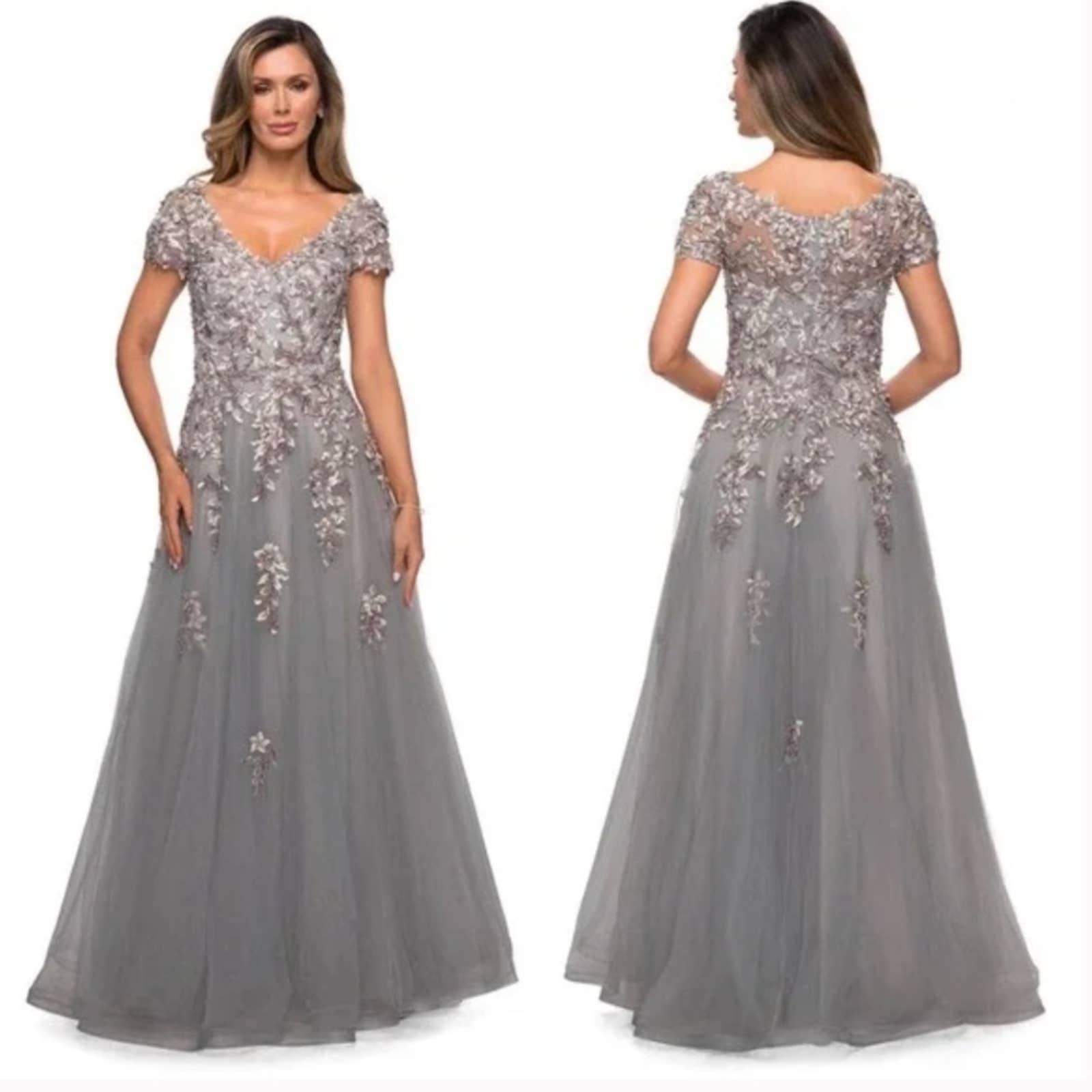 La Femme 27968 V Neck Lace Appliques Evening Gown